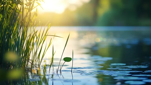 Sunlit lakeshore reeds rise above reflective rippled water