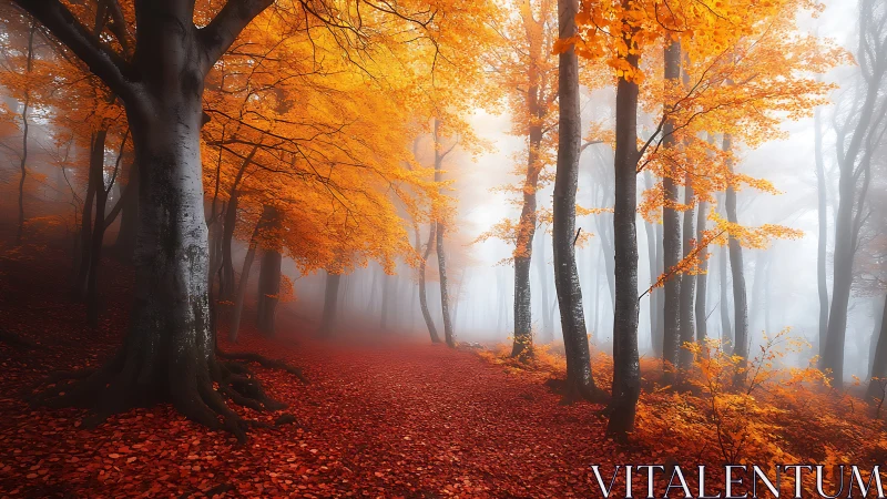 Misty Autumn Forest Path. Golden Foliage Through Fog.