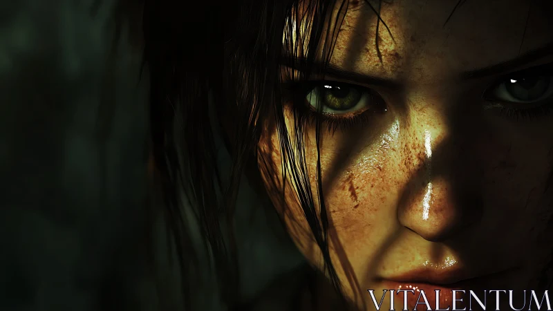 Grit-streaked female face in cinematic low key lighting closeup.