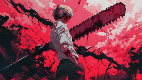 Anime action tableau with blood-soaked chainsaw hero silhouette.
