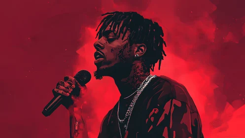 Soulful singer bathed in deep red concert glow.