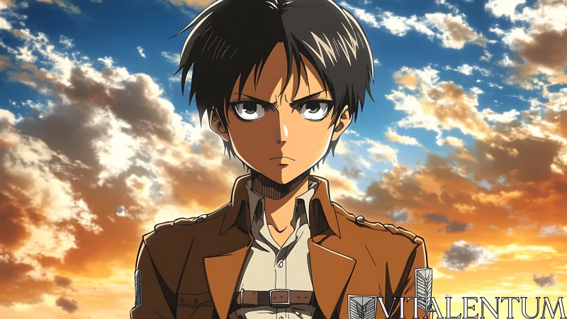 Male anime soldier character stands before detailed sunset sky