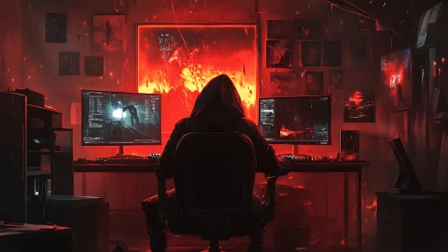 Hooded cyber-operator at dual monitors in red infernal workspace.