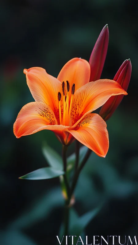 Vibrant Orange Lily Against Dark Green Foliage.
