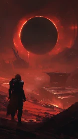 Armored wanderer surveys eclipse-lit volcanic sci-fi wasteland