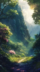 Luminous Mountain Canyon with Blooming Valley Stream.