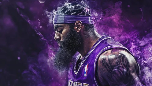 Purple smoke crowns a focused baller in mythic courtside glow