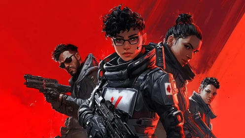 Four armed sci fi soldiers in black armor on red field.