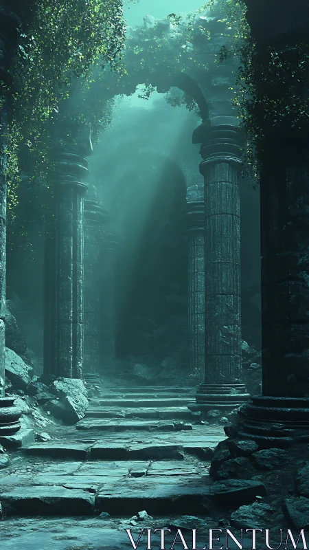 Sunlit ivy over ancient stone columns in ruins.