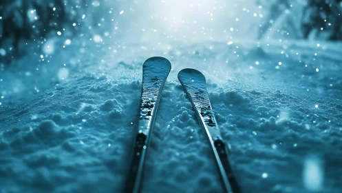 Fresh skis resting in soft blue snow, ready for adventure.