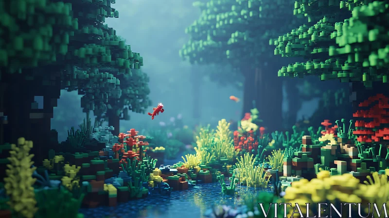 Underwater pixelated landscape with voxel terrain and coral structures