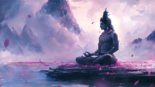 Meditating deity rendered in luminous Himalayan digital palette