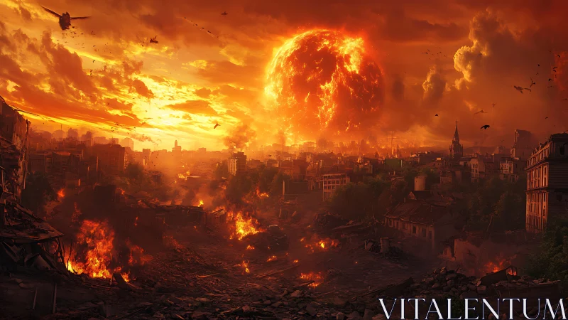 Solar cataclysm ignites crumbling city in molten twilight.