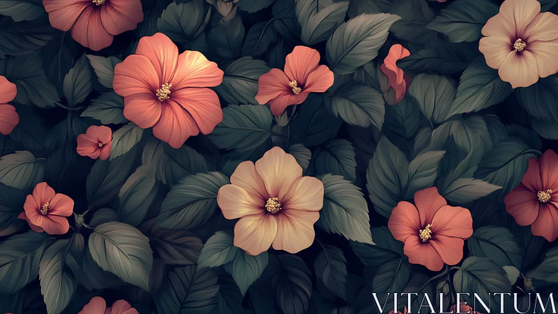 Coral Blooms Against Deep Foliage. Digital Garden.