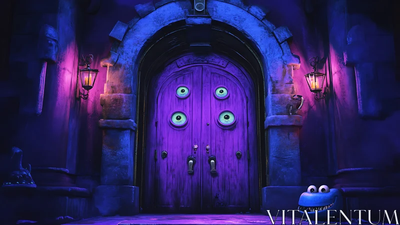 Purple monster door with glowing lanterns at night.