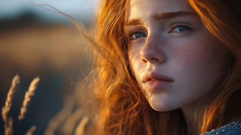 Photorealistic close-up portrait with dusk field illumination.