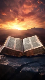 Ancient open Bible illuminated by dramatic sunset backlight