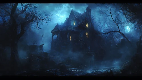 Nocturnal spectral manor under volumetric blue moonlight.