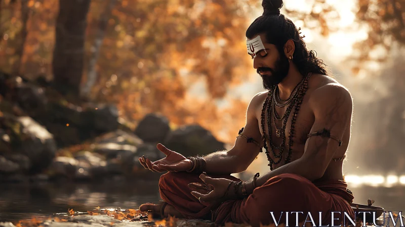 Quiet autumn river meditation with a serene sage.