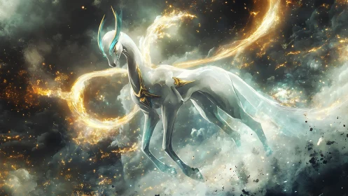 Celestial quadruped with luminous energy ring traverses nebular void