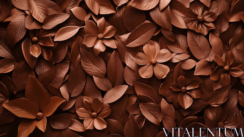 Copper-toned sculpted floral relief with layered veined leaves