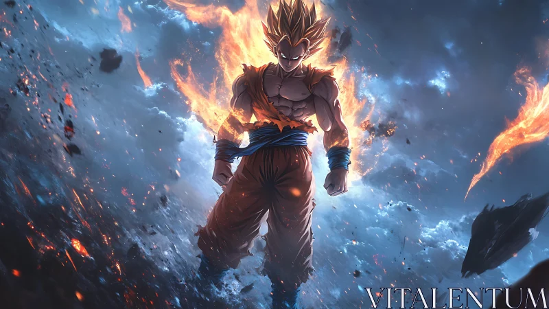 Energy-charged anime warrior in atmospheric combustion field.