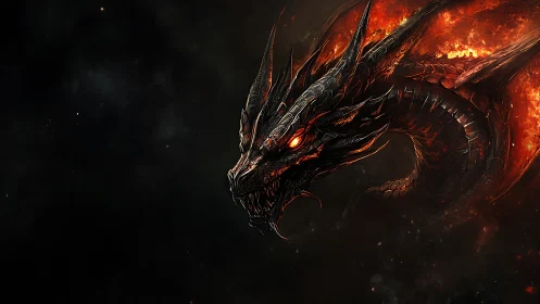 Firelit obsidian dragon coils through darkness and roars.