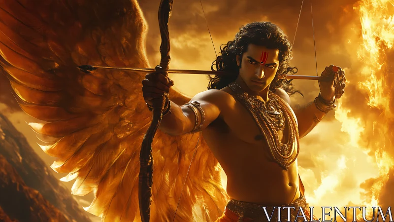 Winged warrior drawing bow in fiery golden battlefield.