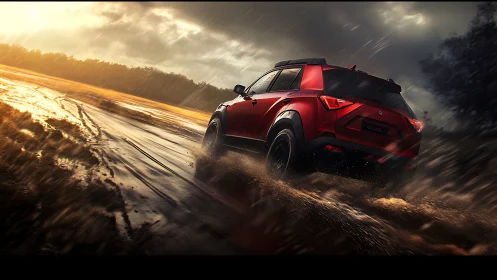 Red SUV powers through stormy muddy off road track.