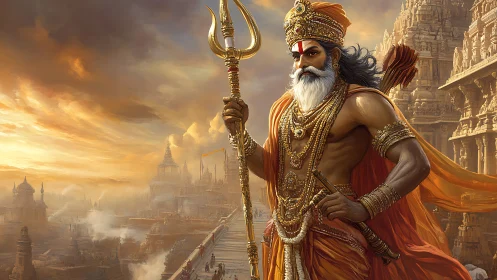 Warrior sage stands over ancient temple city at dawn