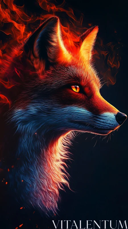 Fiery fox portrait with glowing embers and neon fur lighting.