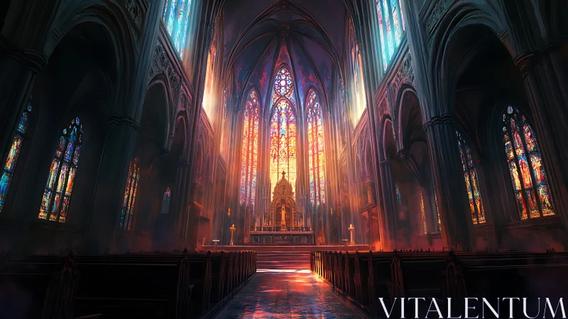 Sunlit gothic cathedral nave with glowing stained glass.