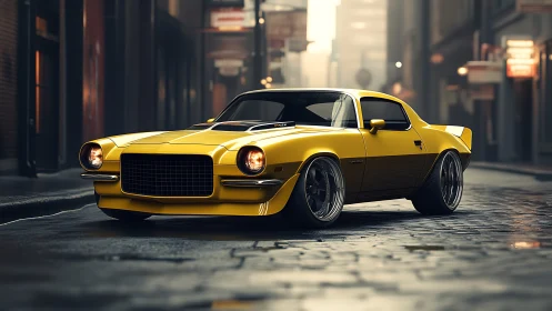 Yellow classic muscle car on wet cobblestone city street.
