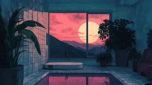 Indoor pool overlooks vivid sunset over layered mountains
