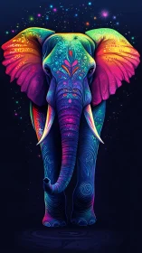 Galactic neon elephant strides through a star-splashed night.