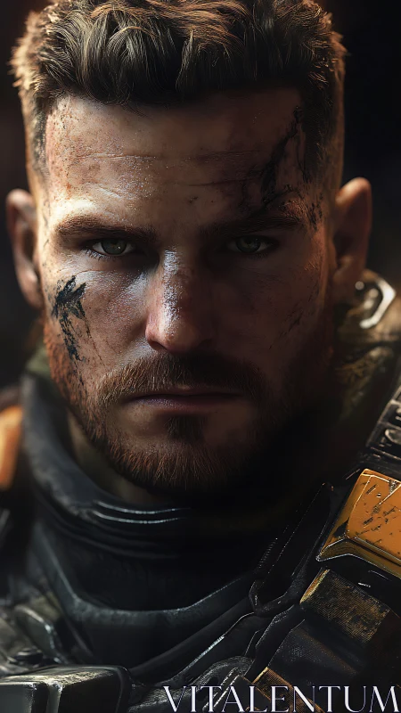 Battle-worn soldier in futuristic armor stares forward intently