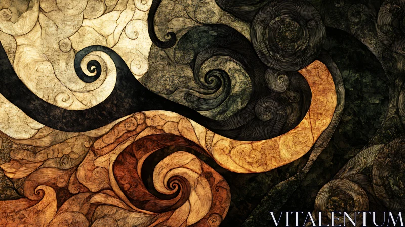Fractal vortex scrollwork with layered sepia tonal dynamics.