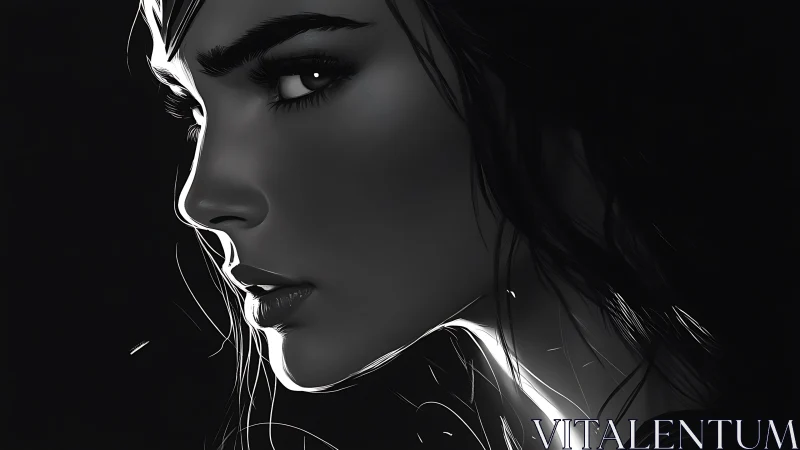 Monochrome female portrait cuts through deep negative space.