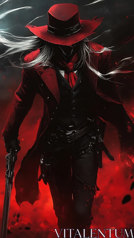 Red-coated gunslinger advances through crimson smoke field