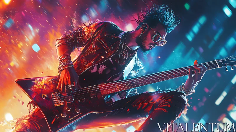Neon-lit cyber rock guitarist shredding in explosive motion.