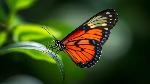 Monarch-like butterfly on leaf in high-resolution macro profile.