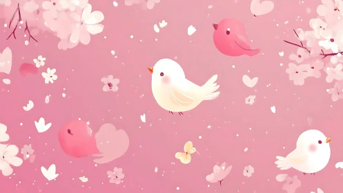 Pastel songbirds drift through a rosy blossom daydream