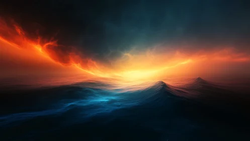Ocean waves negotiate a burning sky at the horizon’s edge