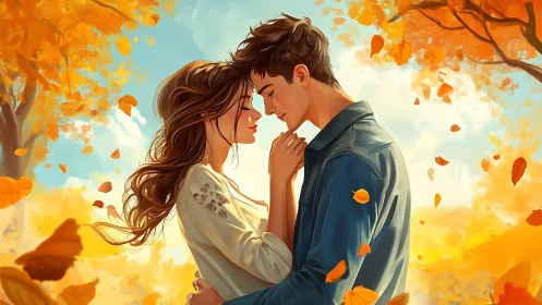 Romantic couple embracing in autumn setting with falling leaves.