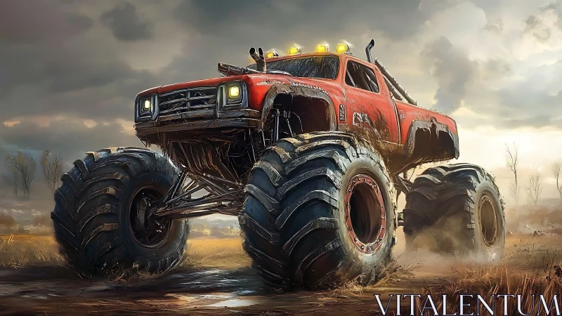 Colossal red monster truck roaring across muddy plains.