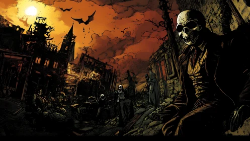 Skeletal figures surveying post-apocalyptic urban ruin at dusk.