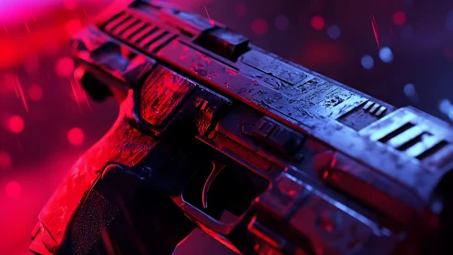 Cyberpunk sidearm close-up in neon red-blue wet lighting.