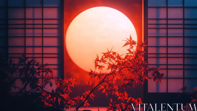 Large sun behind shoji panels with foreground maple branch.