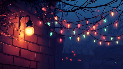 Wall-mounted lamp and string lights on tree branches at night.