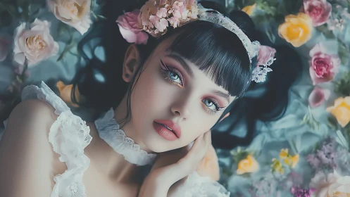 Hyper-detailed floral portrait of stylized girl with soft focus bokeh